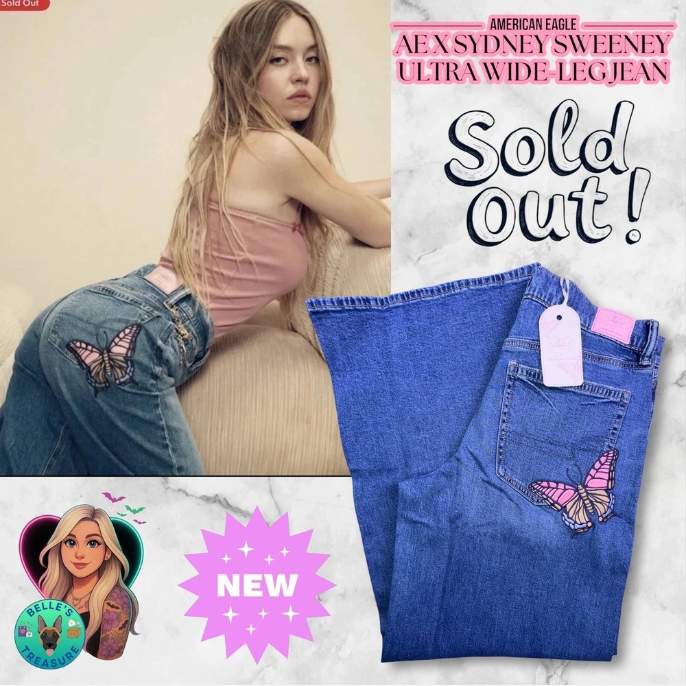 American Eagle x Sydney Sweeney Women's 4‎ Ultra Wide Leg Jeans Butterfly Patch